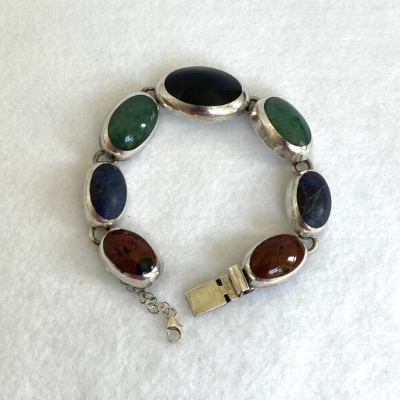 VTG Sterling Silver 925 Taxco Mexico Chunky Multi Gemstone Oval Link Bracelet - Picture 13 of 16